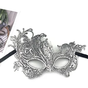Exquisita máscara de encaje negro y plata, diseño de media cara para fiesta de Halloween.