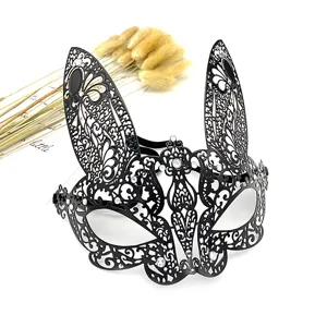 Schwarze Metall Hasen Maske mit Strass fuer Maskenball, Halloween Party Augenmaske.