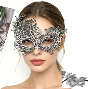 Elegante maschera in pizzo argentato per feste in maschera da donna, perfetta per Halloween party.