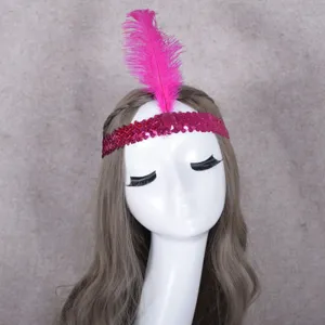 Pink sequin feather headband detail, perfect for party masquerade and vintage costumes.