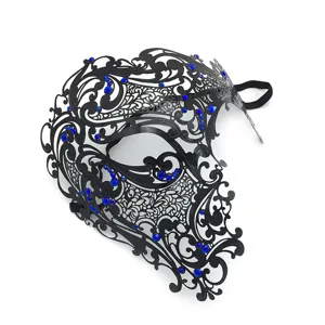 Schwarze Metall Maske für Maskenball mit blauen Strasssteinen, venezianische Halbmaske Party.