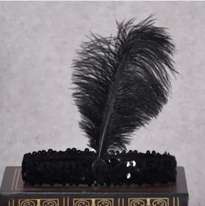 Black ostrich feather sequin headband retro flapper hair accessory for party masquerade events