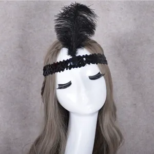 Black feather sequin headband detail, vintage flapper hair accessory for party costume.