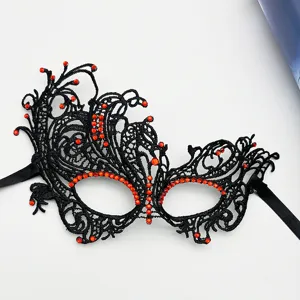 Black lace masquerade mask with red rhinestones, perfect for party and Halloween events.