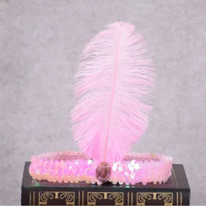 Pink feather sequin headband vintage style 1920s Gatsby party hair accessory detail view