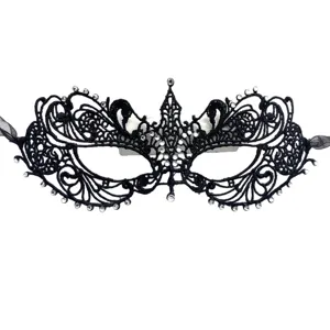 Máscara de encaje negro con diamantes de imitación, antifaz de medio rostro para Halloween.