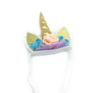 Cute kids unicorn headband for birthday party hair accessory with golden horn detail