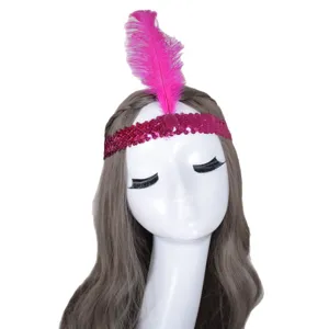 Pink sequin feather headband for 1920s Gatsby party, costume hair accessories for women.