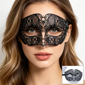 Schwarze hohle Metall Maske mit Strasssteinen für Halloween Party Kostüme und Maskerade.