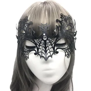 Black Metal Bat Hollow Halloween Masquerade Mask with Rhinestones for Women Party