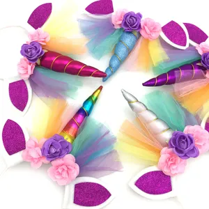 Unicorn headband party hair accessories featuring colorful horn, glitter ears, and tulle.