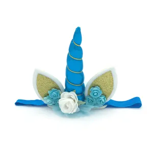 Kids unicorn headband with blue horn gold ears flower party hair accessory for birthday baby