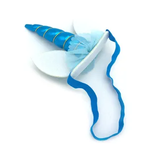 Blue unicorn headband with metallic horn, tulle, and felt ears for birthday parties.