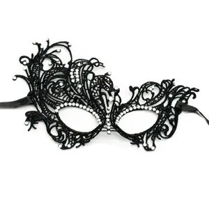 Black lace masquerade mask with sparkling rhinestones, perfect for Halloween party props.