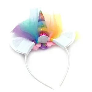 Colorful unicorn headband with tulle and cute ears, perfect for birthday party and festival.