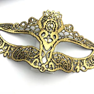 Close-up detail of the exquisite gold lace masquerade mask, showing fine embroidery work.