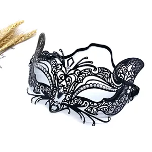 Black metal masquerade mask with rhinestones, half face animal cosplay party eye mask