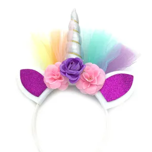 Unicorn headband for girls birthday party hair accessories with colorful tulle flowers.