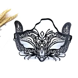 Black metal filigree masquerade mask with rhinestones for women Halloween party costume.