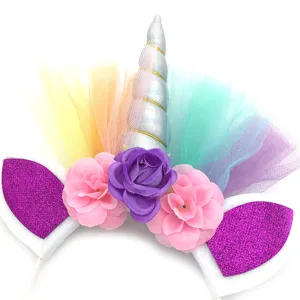 Unicorn birthday party headband with colorful tulle flowers and silver horn for girls dress up