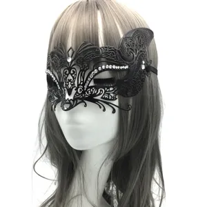 Elegant black metal masquerade mask with sparkling rhinestones for parties and cosplay events.