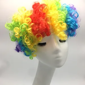 Regenboog clown pruik detail toont levendige krullende haartextuur op professioneel etalagehoofd.