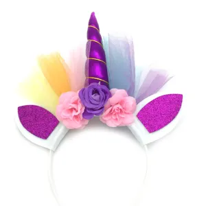 Cute unicorn headband featuring sparkling glitter ears, metallic horn, and colorful tulle mesh.
