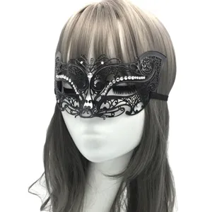 Black filigree masquerade mask with sparkling rhinestones for women, ideal for Halloween parties.