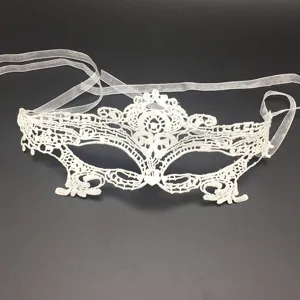 White lace masquerade mask detail, exquisite floral pattern, ideal for Halloween parties.
