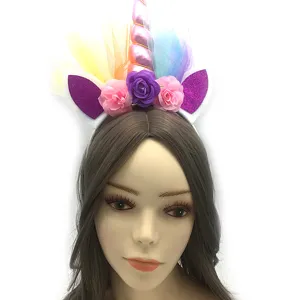 Unicorn horn headband for birthday party, colorful tulle flower hair hoop, festival costume accessories