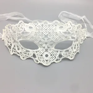Detailed view of the elegant white lace mask with delicate hollow embroidery and soft ribbon ties.