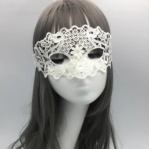 Detail shot of white lace masquerade mask, 3D shaped eye mask for Halloween costume party.