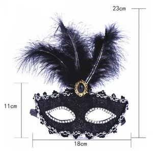 Black lace masquerade mask with feathers and rhinestones, party costume accessory 18x11cm
