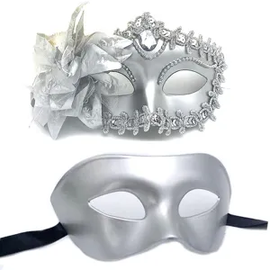 Silver masquerade mask set with rhinestones flower and plain design for party events detail view.