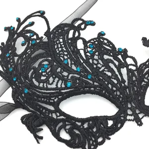 Primo piano dettagliato di una maschera in pizzo nero decorata con strass blu scintillanti.
