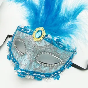 Blue masquerade mask detail featuring sparkling rhinestones, elegant lace and feather.