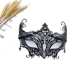 Black metal filigree masquerade mask with sparkling rhinestones for party cosplay.