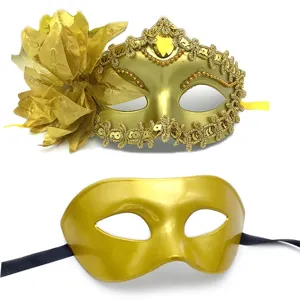 Gold masquerade mask set with decorative flower and lace for Halloween party and ball.