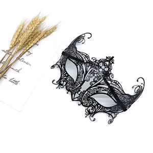 Exquisite black metal masquerade mask with sparkling rhinestones for party and Halloween.