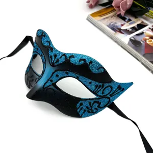 Maschera di carnevale glitter blu e nera per festa di Halloween, mezzo viso con nastro.