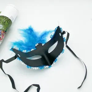 Detailed view of black masquerade half face mask with vibrant blue feathers and lace trim for party.