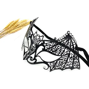 Black metal bat masquerade mask detailed with rhinestones for Halloween party costumes.