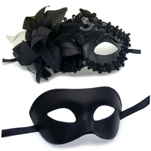 Black masquerade mask set with floral lace and plain design for party Halloween costumes.