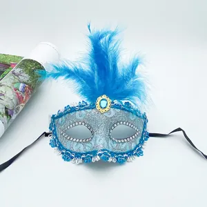 Blue feather masquerade mask with lace and rhinestones for party performance and Halloween.