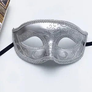 Maschera di carnevale argento mezza faccia con brillantini e motivi vintage per feste di Halloween.