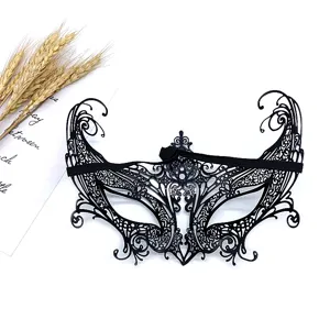 Black metal masquerade mask, intricate cutout design, perfect for Halloween and party events.