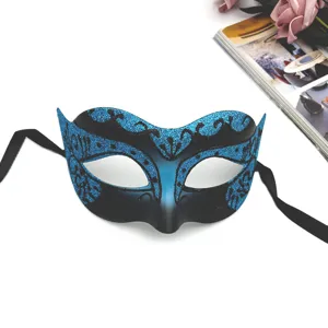 Maschera di carnevale glitter blu e nera, mezza faccia costume di Halloween per festa.