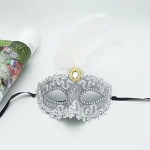Silver lace masquerade mask with white feathers and rhinestones for party performance.