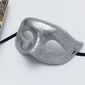 Maschera di carnevale argentata con glitter e bordo, ideale per feste in costume e Halloween.