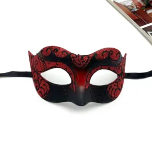 Maschera di Carnevale con glitter neri e rossi per festa di Halloween costume mezzo viso uomo.